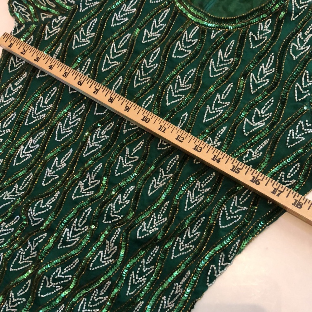 Sequin Green Beaded Short Sleeve Formal Top Elegant Green Beaded Top 80s Dynasty - Picture 12 of 16